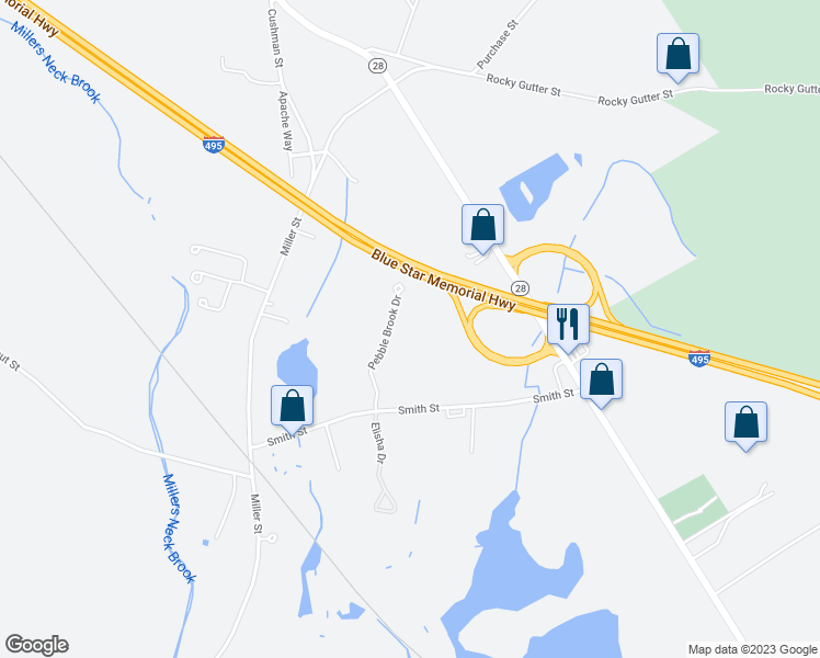 map of restaurants, bars, coffee shops, grocery stores, and more near 41 Pebble Brook Drive in Middleborough