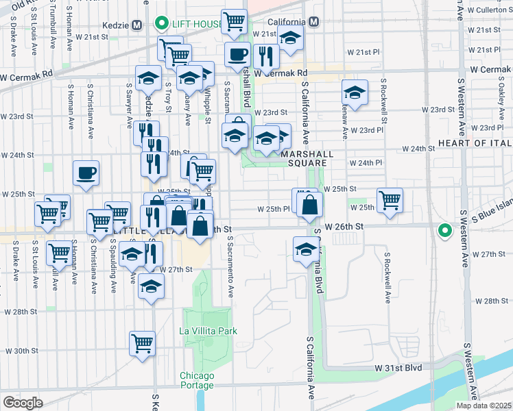 map of restaurants, bars, coffee shops, grocery stores, and more near 2935 West 25th Place in Chicago