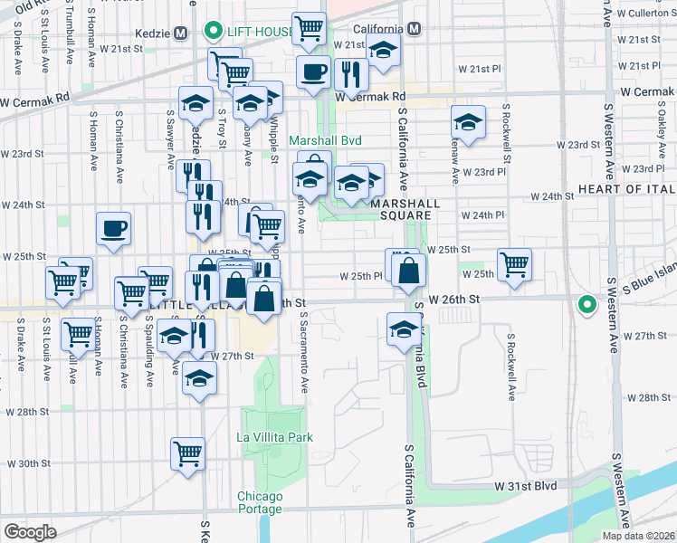 map of restaurants, bars, coffee shops, grocery stores, and more near 2935 West 25th Place in Chicago