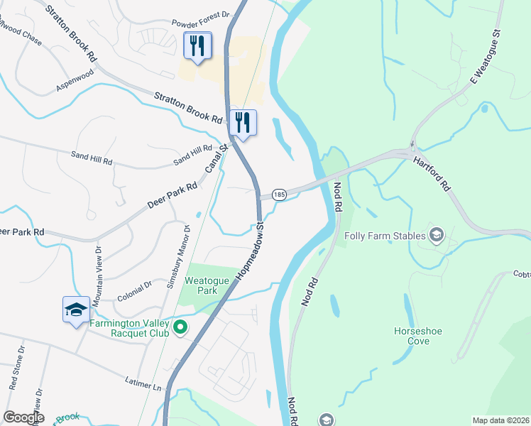 map of restaurants, bars, coffee shops, grocery stores, and more near 308 Hopmeadow Street in Simsbury