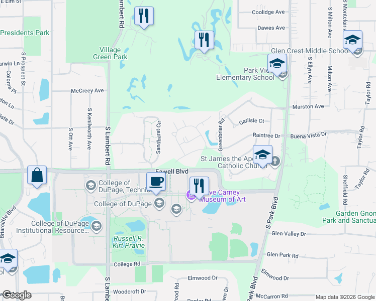 map of restaurants, bars, coffee shops, grocery stores, and more near 448 Raintree Drive in Glen Ellyn