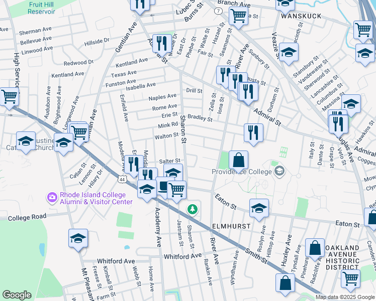 map of restaurants, bars, coffee shops, grocery stores, and more near 17 La Salle Drive in Providence