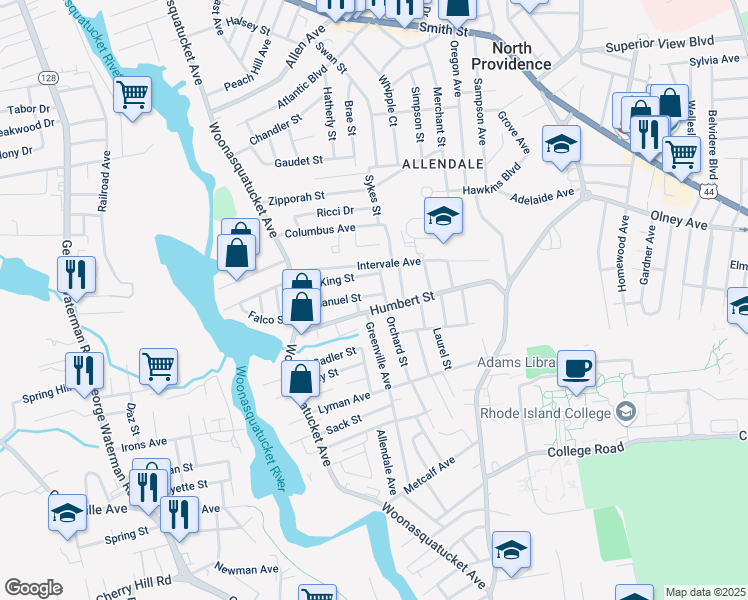 map of restaurants, bars, coffee shops, grocery stores, and more near 61 Emanuel Street in North Providence