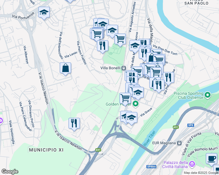 map of restaurants, bars, coffee shops, grocery stores, and more near 289 Via Pietro Frattini in Roma