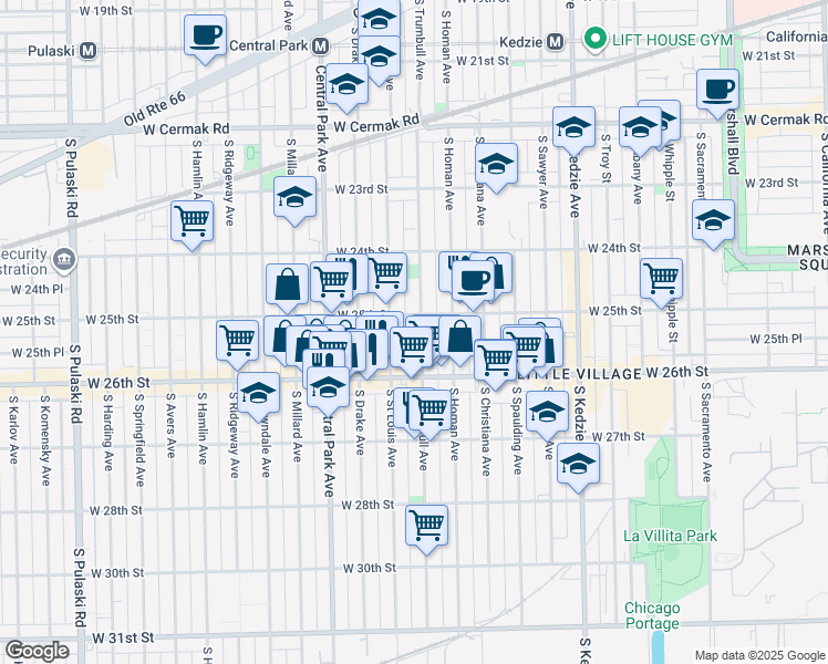 map of restaurants, bars, coffee shops, grocery stores, and more near 2523 South Trumbull Avenue in Chicago