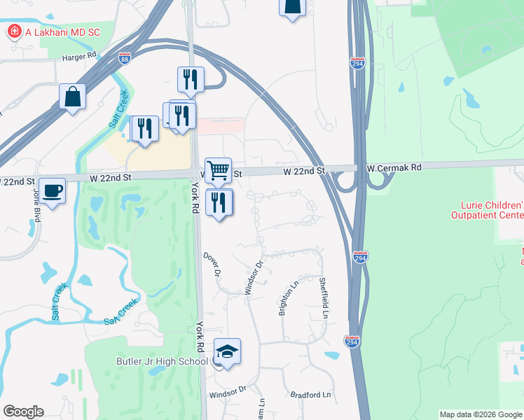 map of restaurants, bars, coffee shops, grocery stores, and more near 61 Windsor Drive in Oak Brook