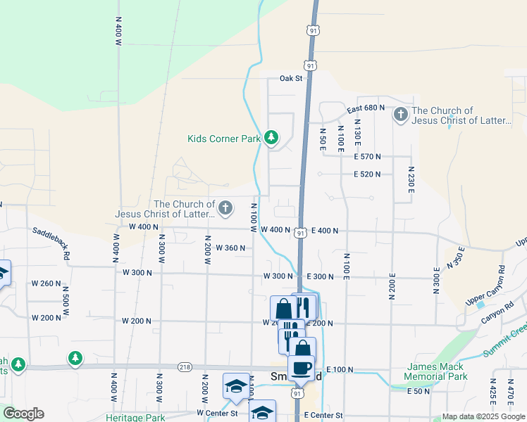 map of restaurants, bars, coffee shops, grocery stores, and more near 447 Wasatch Boulevard in Smithfield