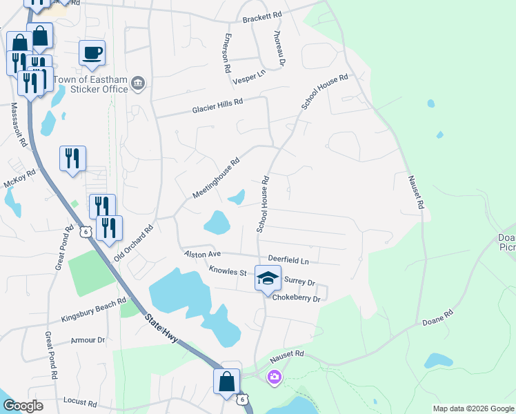 map of restaurants, bars, coffee shops, grocery stores, and more near 455 School House Road in Eastham