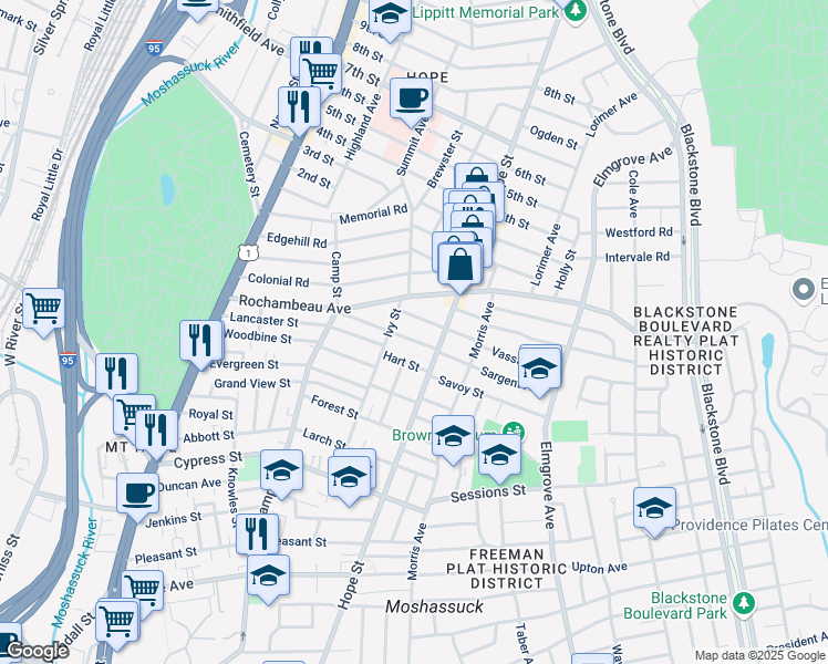 map of restaurants, bars, coffee shops, grocery stores, and more near 201 Ivy Street in Providence
