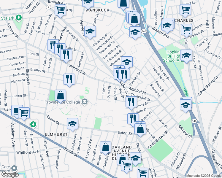 map of restaurants, bars, coffee shops, grocery stores, and more near 130 Dante Street in Providence