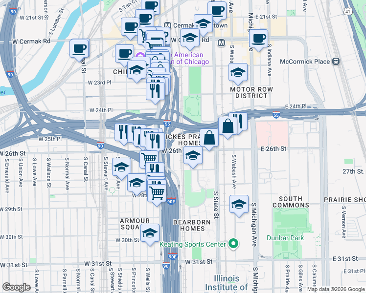 map of restaurants, bars, coffee shops, grocery stores, and more near 2601 South La Salle Street in Chicago