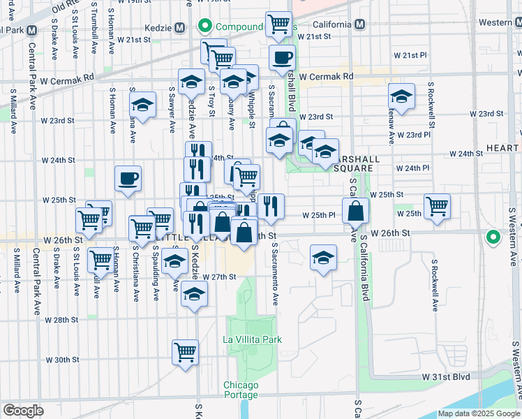 map of restaurants, bars, coffee shops, grocery stores, and more near 2528 South Sacramento Avenue in Chicago
