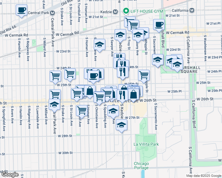 map of restaurants, bars, coffee shops, grocery stores, and more near 2526 South Sawyer Avenue in Chicago