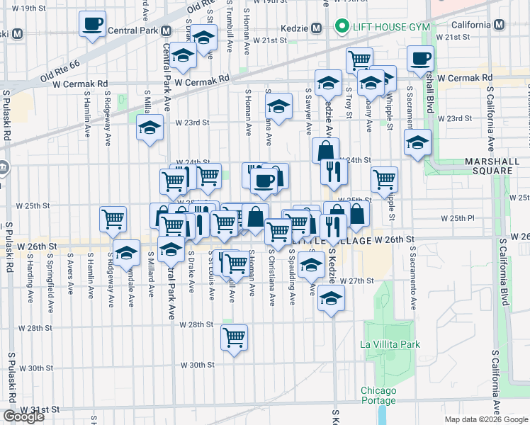 map of restaurants, bars, coffee shops, grocery stores, and more near 2527 South Homan Avenue in Chicago