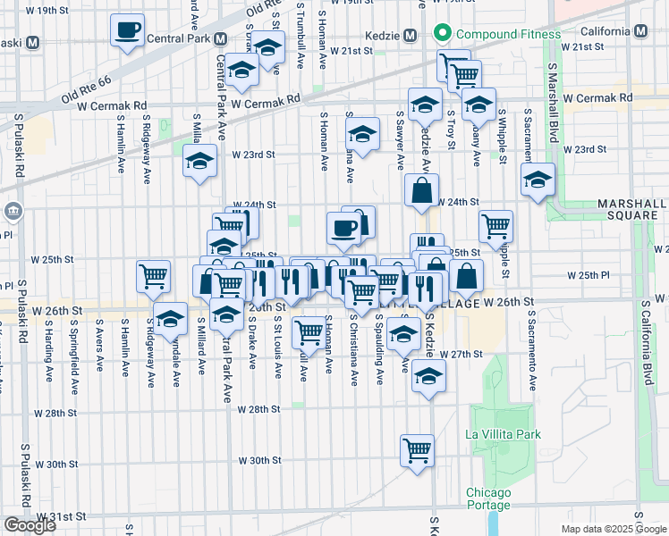 map of restaurants, bars, coffee shops, grocery stores, and more near 2527 South Homan Avenue in Chicago