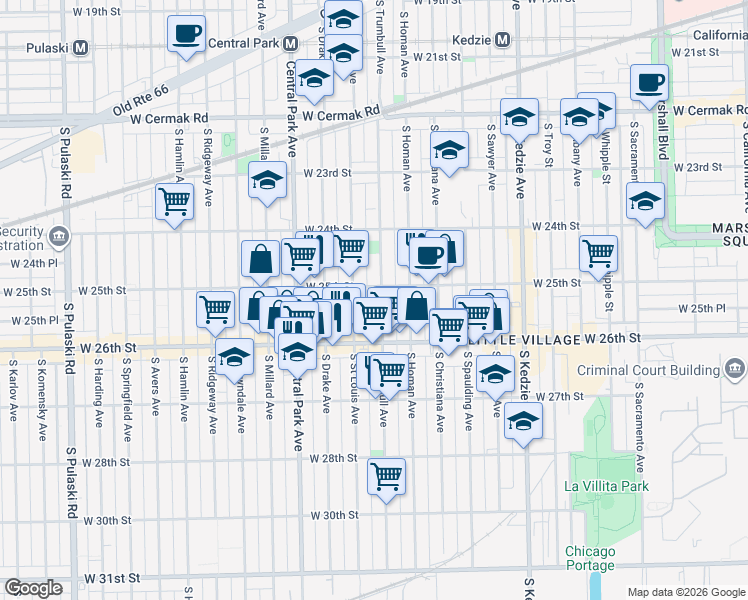 map of restaurants, bars, coffee shops, grocery stores, and more near 2523 South Trumbull Avenue in Chicago