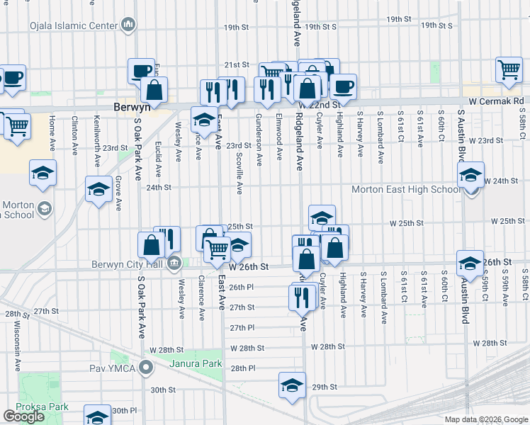 map of restaurants, bars, coffee shops, grocery stores, and more near 2434 Gunderson Avenue in Berwyn