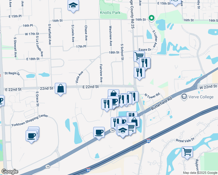 map of restaurants, bars, coffee shops, grocery stores, and more near 845 East 22nd Street in Lombard