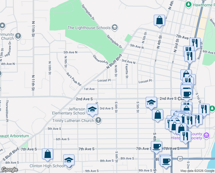 map of restaurants, bars, coffee shops, grocery stores, and more near 107 South 7th Street in Clinton