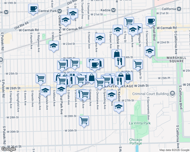 map of restaurants, bars, coffee shops, grocery stores, and more near 2527 South Homan Avenue in Chicago