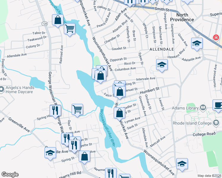 map of restaurants, bars, coffee shops, grocery stores, and more near 5 Garibaldi Street in North Providence