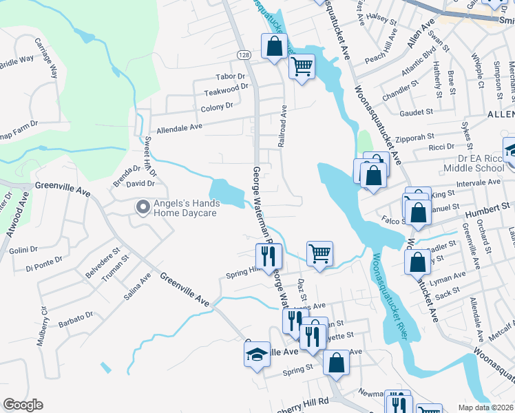 map of restaurants, bars, coffee shops, grocery stores, and more near 178 George Waterman Rd in Johnston