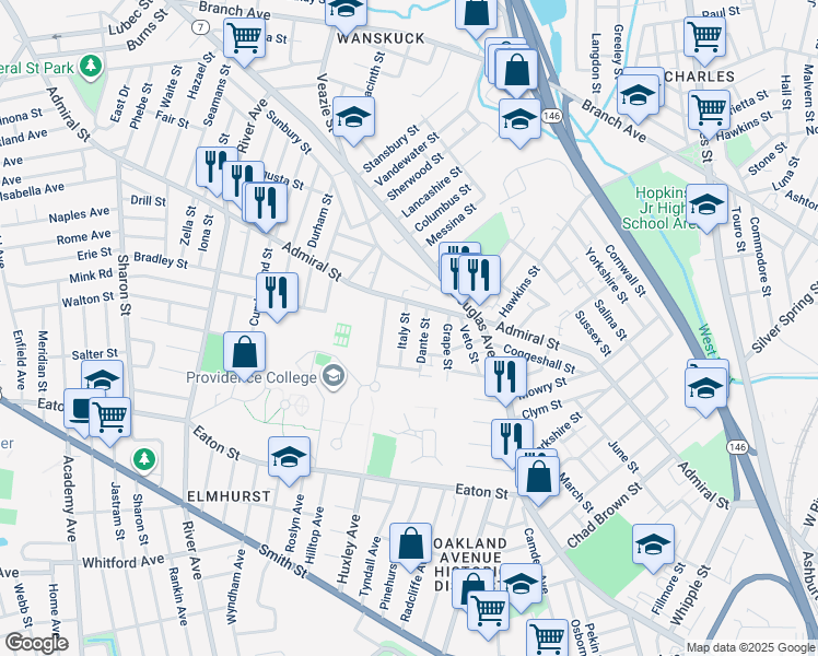 map of restaurants, bars, coffee shops, grocery stores, and more near 26 Italy Street in Providence