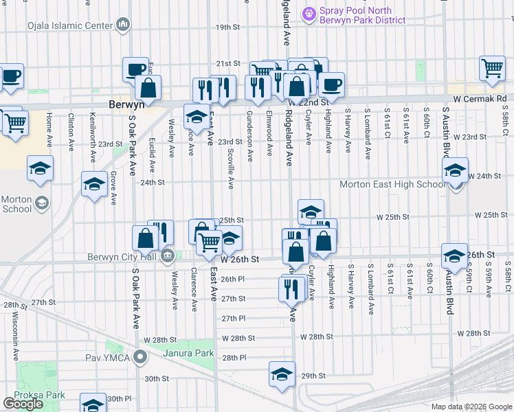 map of restaurants, bars, coffee shops, grocery stores, and more near 2434 Gunderson Avenue in Berwyn