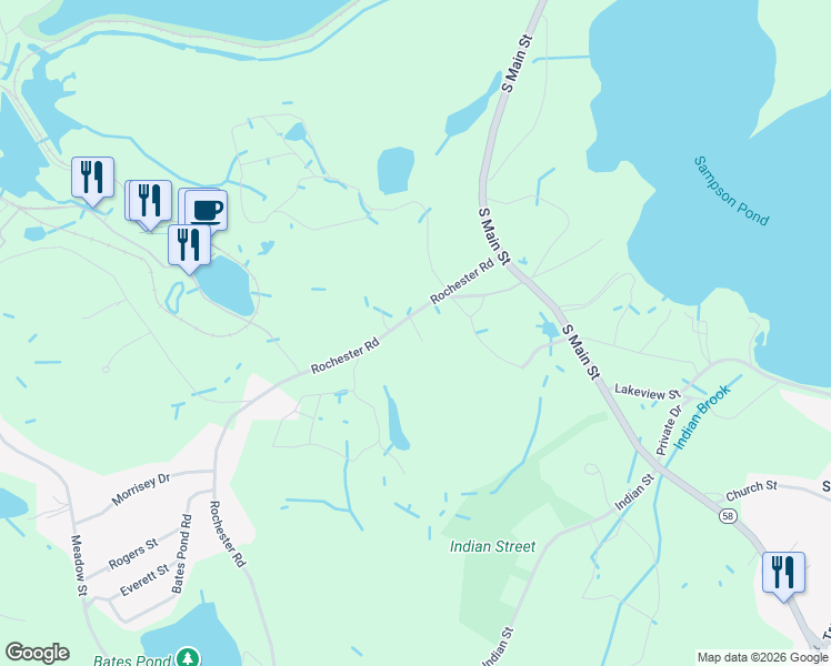 map of restaurants, bars, coffee shops, grocery stores, and more near 16 Rochester Road in Carver