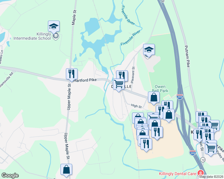 map of restaurants, bars, coffee shops, grocery stores, and more near 20 Otis Street in Killingly