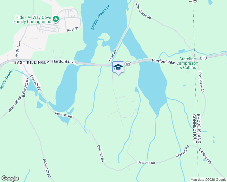 map of restaurants, bars, coffee shops, grocery stores, and more near Pine Knolls Drive in Killingly