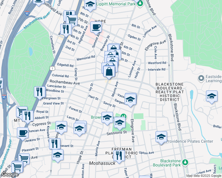 map of restaurants, bars, coffee shops, grocery stores, and more near 20 Mayflower Street in Providence