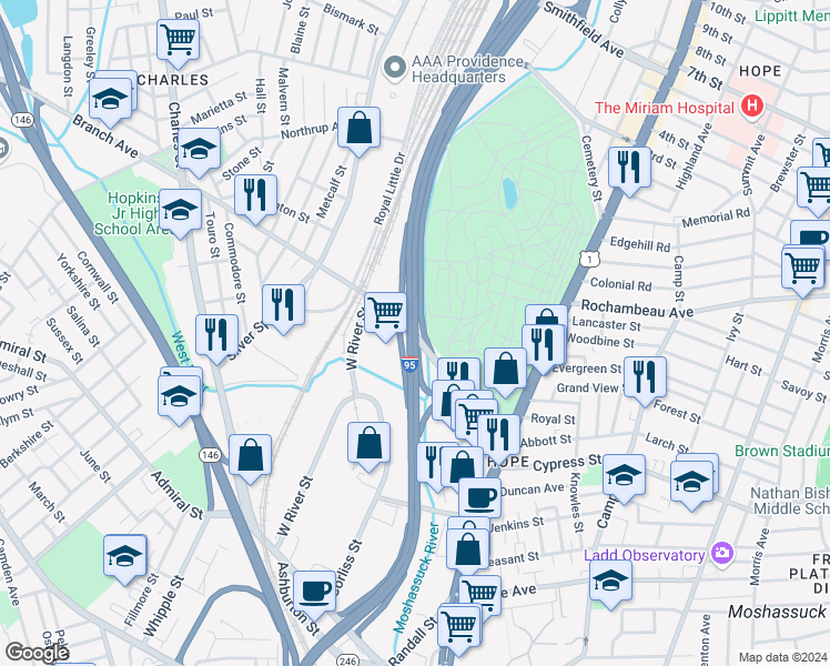 map of restaurants, bars, coffee shops, grocery stores, and more near Interstate 95 in Providence