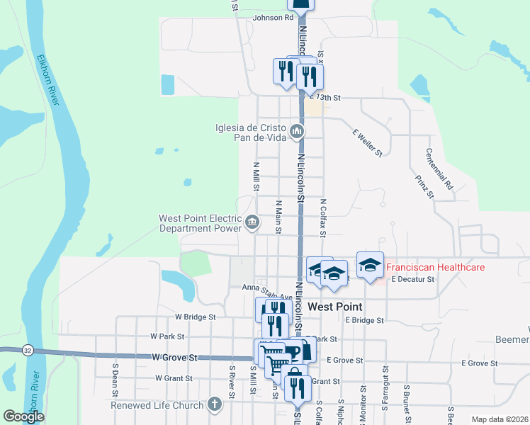 map of restaurants, bars, coffee shops, grocery stores, and more near 131 West Neligh Street in West Point
