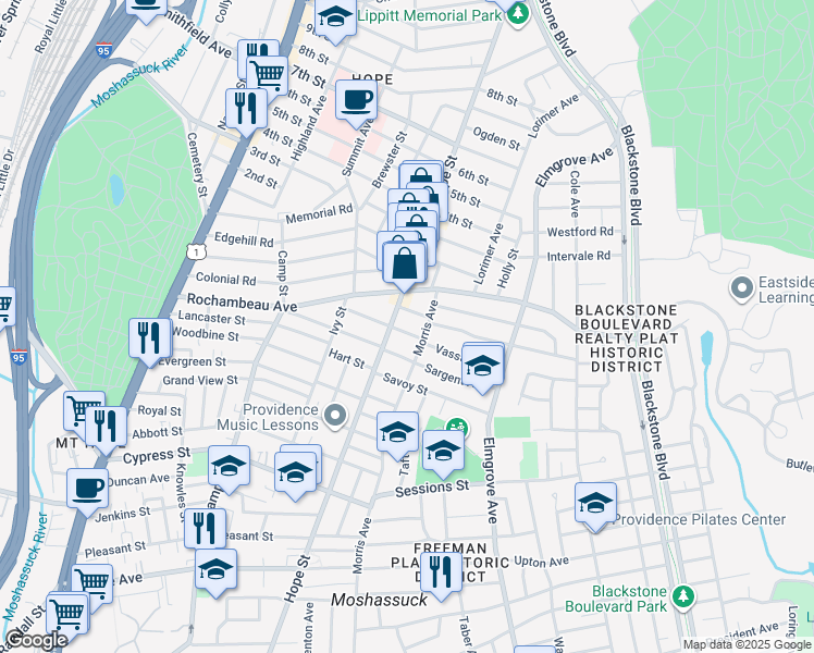 map of restaurants, bars, coffee shops, grocery stores, and more near in Providence