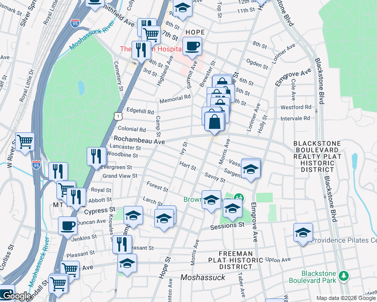 map of restaurants, bars, coffee shops, grocery stores, and more near 201 Ivy Street in Providence