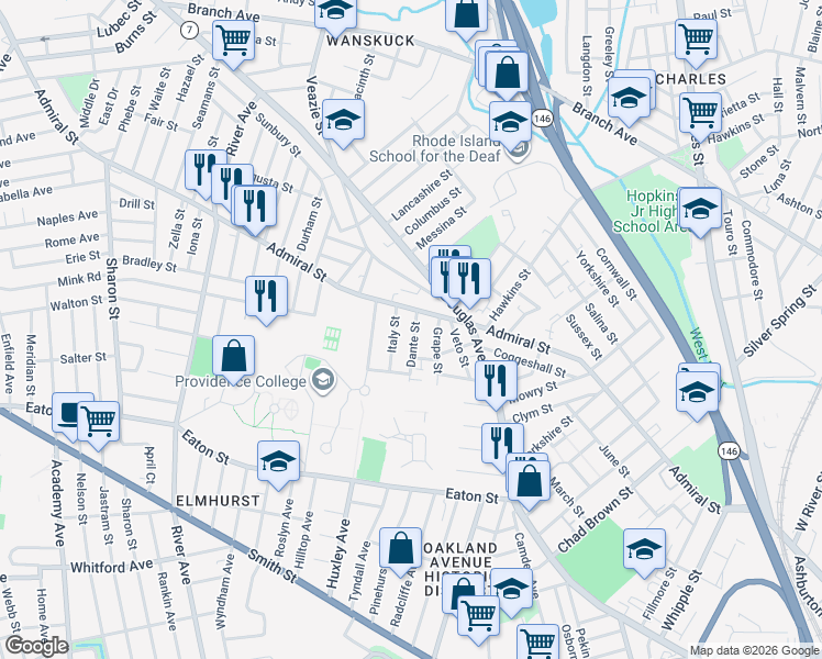 map of restaurants, bars, coffee shops, grocery stores, and more near 130 Dante Street in Providence