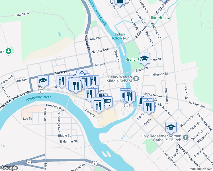 map of restaurants, bars, coffee shops, grocery stores, and more near 225-299 Watson Pl in Warren