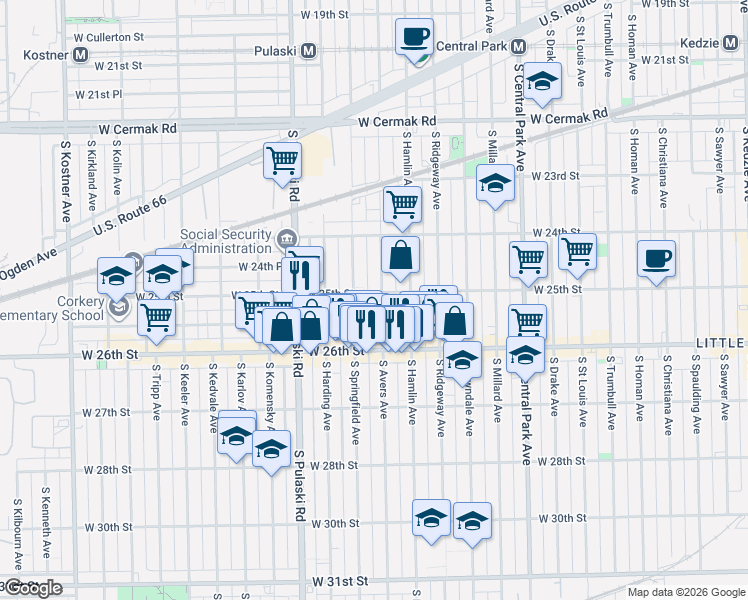 map of restaurants, bars, coffee shops, grocery stores, and more near 2517 South Springfield Avenue in Chicago