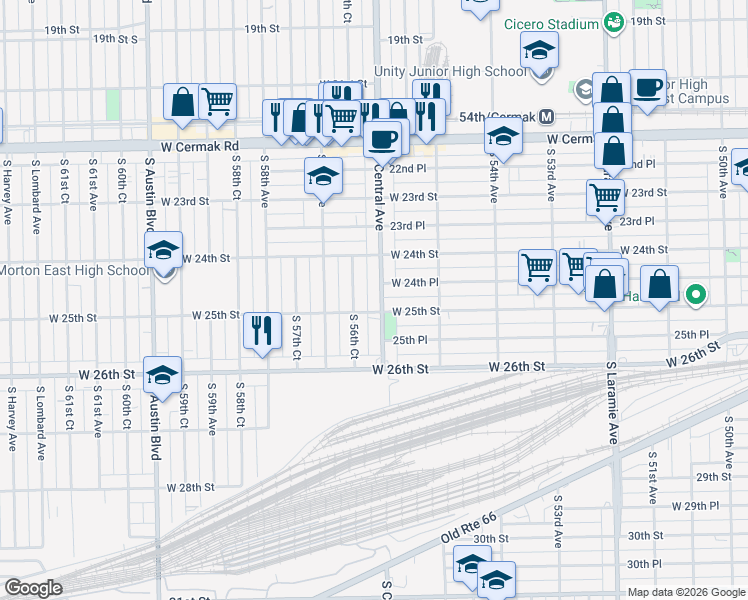 map of restaurants, bars, coffee shops, grocery stores, and more near in Cicero