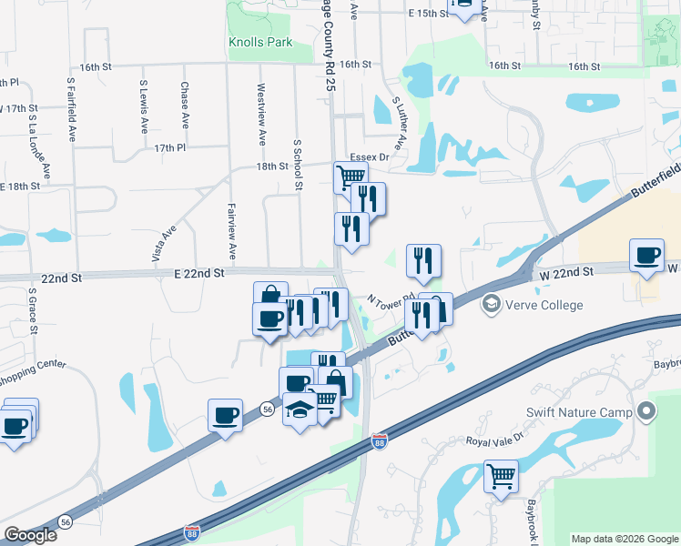 map of restaurants, bars, coffee shops, grocery stores, and more near 2001 South Meyers Road in Oak Brook
