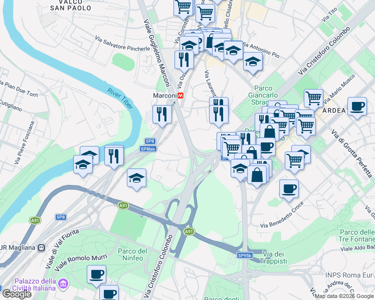 map of restaurants, bars, coffee shops, grocery stores, and more near 700 Viale Guglielmo Marconi in Roma