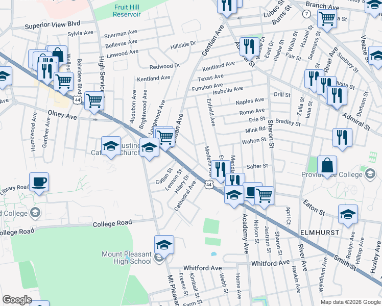 map of restaurants, bars, coffee shops, grocery stores, and more near 42 Ravenswood Avenue in Providence