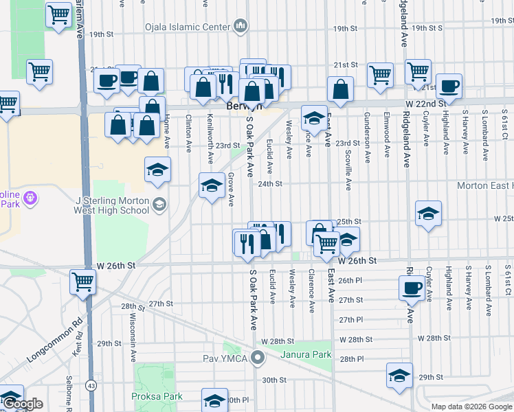 map of restaurants, bars, coffee shops, grocery stores, and more near 2442 South Oak Park Avenue in Berwyn