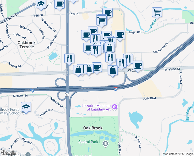 map of restaurants, bars, coffee shops, grocery stores, and more near 1401 West 22nd Street in Oak Brook