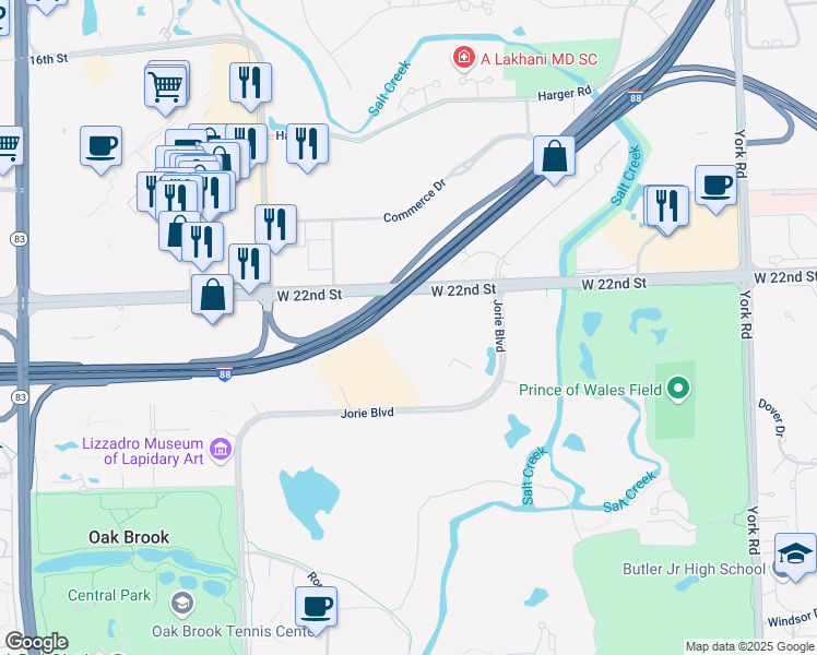 map of restaurants, bars, coffee shops, grocery stores, and more near 790 Jorie Boulevard in Oak Brook
