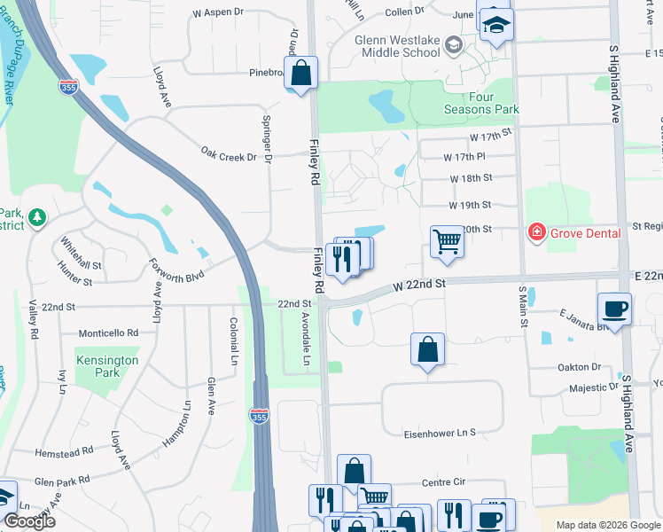 map of restaurants, bars, coffee shops, grocery stores, and more near 2101 South Finley Road in Lombard