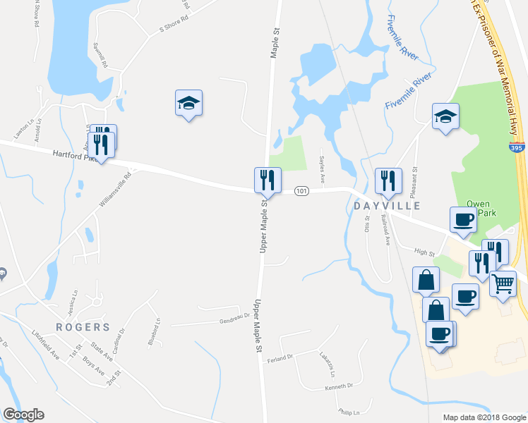 map of restaurants, bars, coffee shops, grocery stores, and more near 1049 Upper Maple Street in Killingly