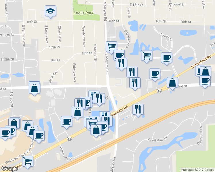 map of restaurants, bars, coffee shops, grocery stores, and more near 22nd St & S Meyers Rd in Lombard