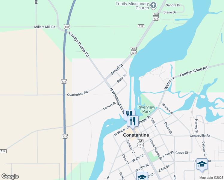 map of restaurants, bars, coffee shops, grocery stores, and more near 280 North Washington Street in Constantine